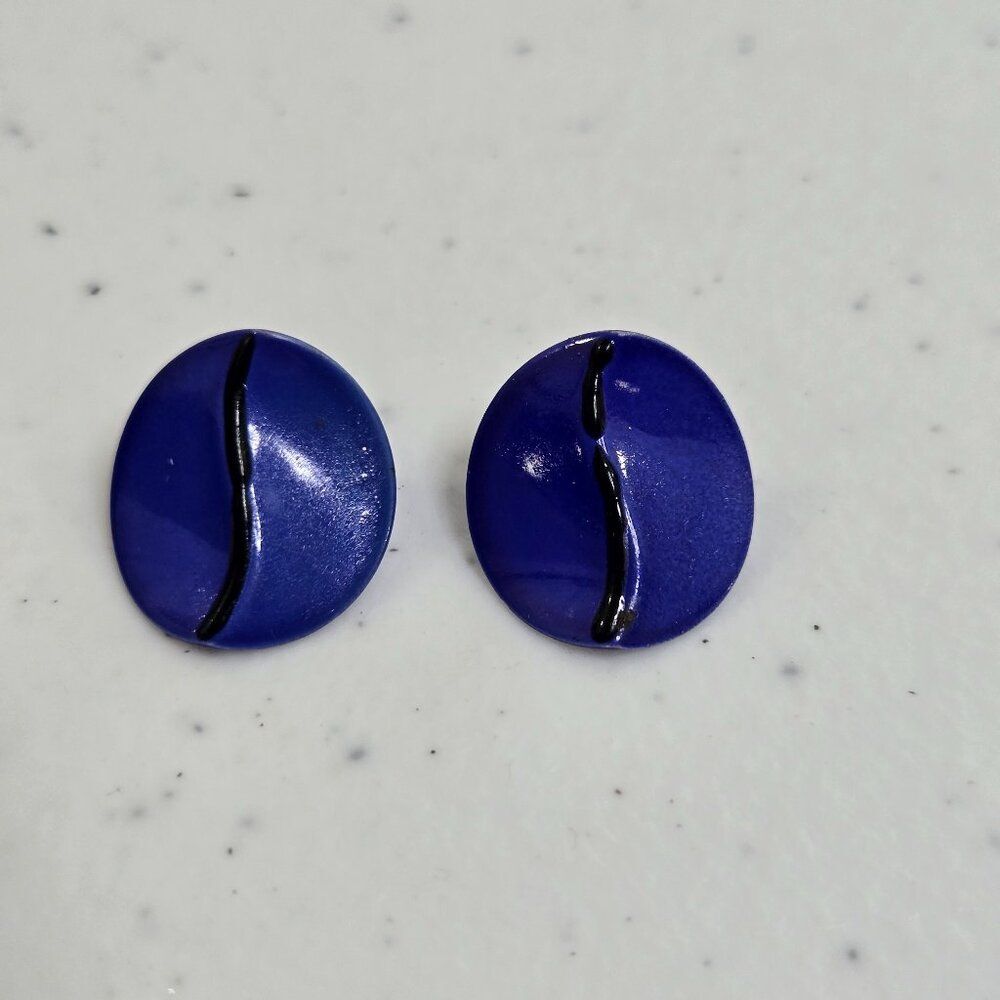 Vintage Earrings Blue Black Boho Stud Metal Textured Geometric Classic Line